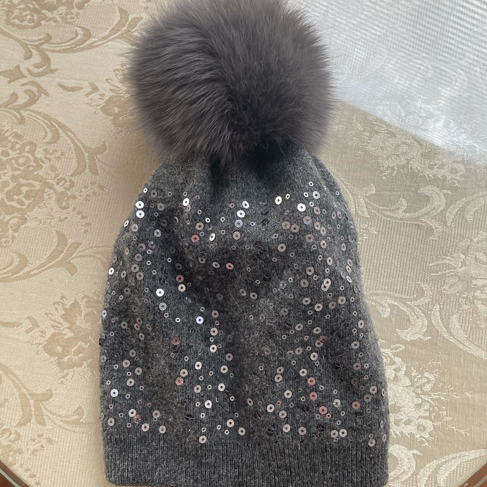 Adrienne Landau Fox Fur-Trim & Sequin Knit Beanie